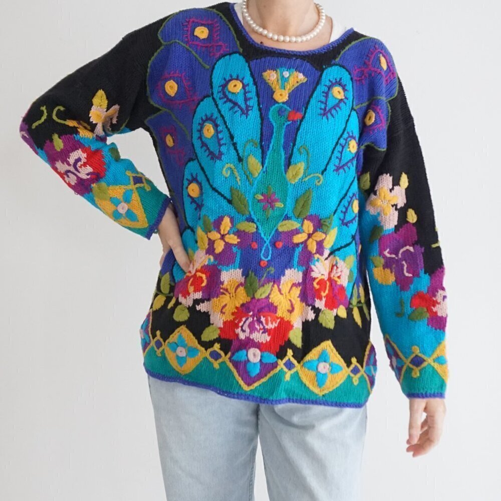 Vintage Teal Purple Knit Floral Peacock Paisley Scoop Neck Grandmacore Sweater L